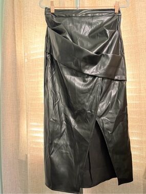Commense Black Faux Leather Wrap Midi Skirt with Front Slit
